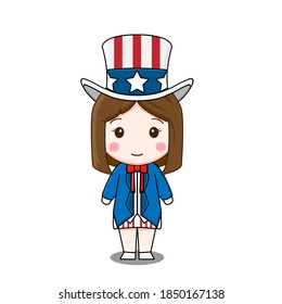 Cute girl wears uncle SAM costume. Vector illustration of chibi character isolated on white background.
