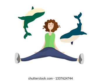 Cute girl with whales on the white background