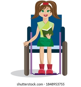 Cute girl in a wheelchair, reading a book and smiling.