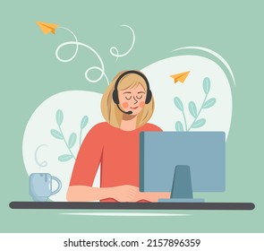 Cute girl while studying or working at the computer. Young woman with a cup of coffee in headphones communicates online. Conceptual illustration for web design. Flat style vector.