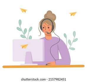 Cute girl while studying or working at the computer. Young woman in headphones communicates online. Conceptual illustration for web design.Freelance work, training. Flat style vector.