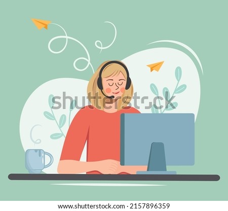Cute girl while studying or working at the computer. Young woman with a cup of coffee in headphones communicates online. Conceptual illustration for web design. Flat style vector.