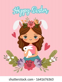 cute girl with white bunny and variety flower for Happy Easter greeting card