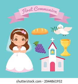 Cute girl in white dress and first communion clip art. Flat vector cartoon design