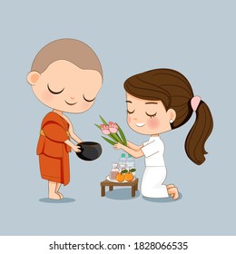 Cute girl in white dress offering the food to a monk cartoon in Buddhist holy's day