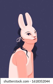 Cute girl in a white dress in a rabbit mask for a masquerade holiday. Flat vector illustration.