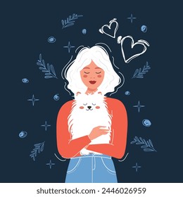 A cute girl with white hair cuddles and holds her pet dog Spitz in her arms. Love for animals. Vector illustration