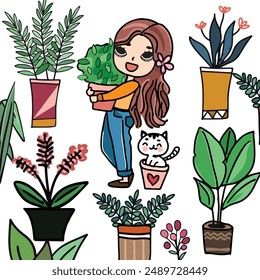 Cute girl and white kitten cat in plant flower garden