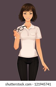 Cute girl in white polo shirt with glasses.