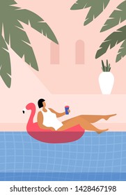 Cute girl in a white swimsuit floats on an inflatable flamingo. Tanned young woman resting in the pool. Summer relaxing holiday near the water. Vector illustration in trendy flat style.