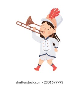 Cute girl in white traditional costume playing trumpet musical instrument in marching band parade cartoon vector illustration