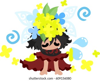A cute girl who is depressed and a crown of yellow flowers
