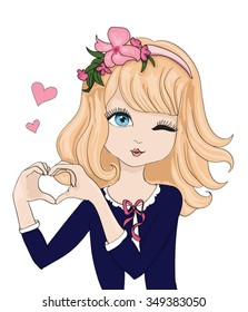 The cute girl who makes heart movements with her hands.Vector cartoon character.