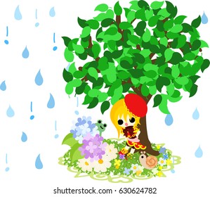 A cute girl who takes shelter under the tree, and hydrangeas