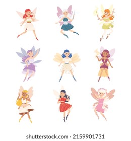 Cute Girl with Wings Flying with Magic Wand Vector Set