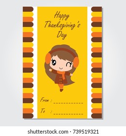 Cute girl is winking on colorful border vector cartoon illustration for thanksgiving's day card design, wallpaper and greeting card 