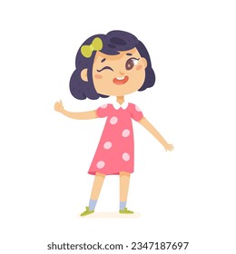 Cute girl winking vector illustration. Cartoon isolated happy kid showing thumbs up gesture and funny expression wink, cheerful young female character in dress feeling appreciation, positive emotion