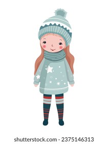 Cute girl in winter clothes. Hand drawn girl in fairy tale scandinavian style. 