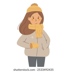 Cute girl in winter clothes, hat, scarf and mittens