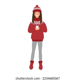 Cute girl winter clothes holding hot drink in flat design on white background.