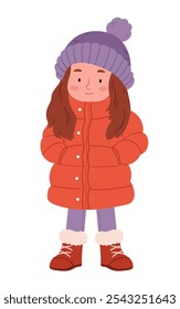 A cute girl in winter clothes. A red coat and a purple hat.