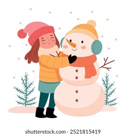 A cute girl in winter clothes is sculpting a snowman.Cute happy girl hugging Xmas snowman.