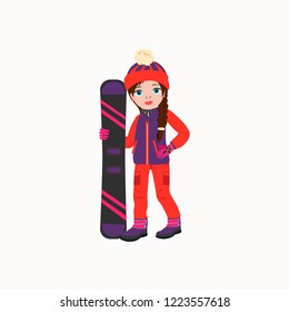 Cute girl in winter clothes  with snowboarding. Vector  illustration isolated on white background.