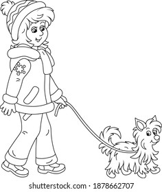 Cute girl in winter clothes walking her small shaggy dog, black and white outline vector cartoon illustration