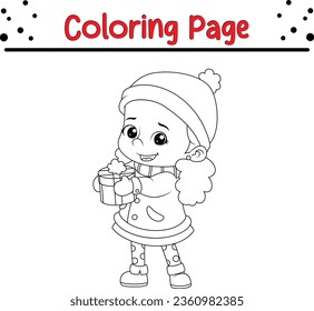 Cute Girl Winter coloring page. Christmas black and white vector illustration for a coloring book.