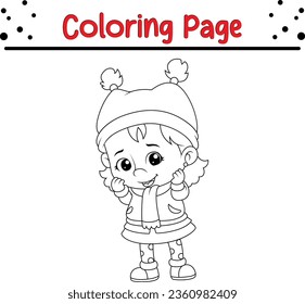 Cute Girl Winter coloring page. Christmas black and white vector illustration for a coloring book.
