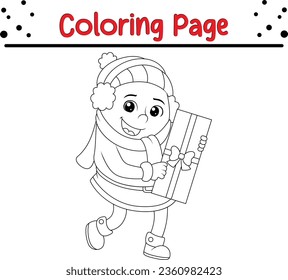 Cute Girl Winter coloring page. Christmas black and white vector illustration for a coloring book.