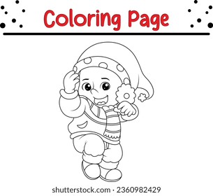 Cute Girl Winter coloring page. Christmas black and white vector illustration for a coloring book.