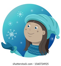 Cute girl in winter hat and gloves looks at falling snowflakes. 
Winter illustration.
Vector girl is happy that it's winter time.