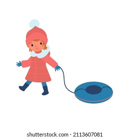 A cute girl in a winter hat and jacket goes for a ride on the slide from snow tubing. Winter entertainment and sports. Slide. Slope. Children. Active recreation. Flat vector illustration