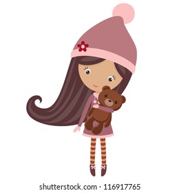 Cute Girl In A Winter Outfit With Her Teddy Bear