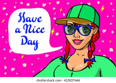 Cute girl wish you a nice day. Vector illustration. It can be used as gluing either card, for wish or with letter. art