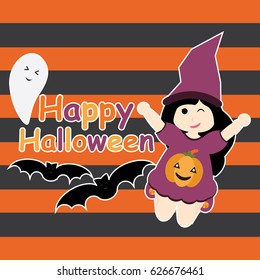 Cute girl as witch, bat and ghost vector cartoon, Halloween postcard, wallpaper, and greeting card, T-shirt design for kids