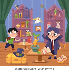 Cute girl witch and boy with magic wand in wizard school. Interior with objects, spiders and monsters, castle with old furniture. Halloween and Cartoon characters, scene for design. Vector illustratio