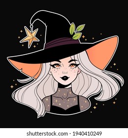 cute girl witch in cartoon style