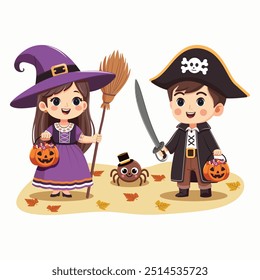 Cute girl in witch costume and boy pirate with pumpkin basket with candies. Cartoon character for Happy Halloween on white background. Vector Illustration in flat cartoon style