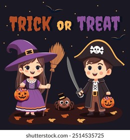 Cute girl in witch costume and boy pirate with pumpkin basket with candies. Cartoon character for Happy Halloween trick or treat. Vector Illustration in flat cartoon style