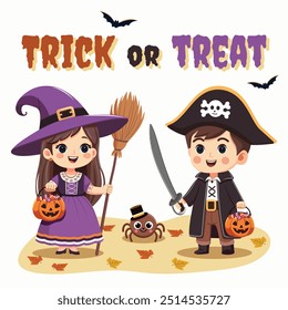 Cute girl in witch costume and boy pirate with pumpkin basket with candies. Cartoon character for Happy Halloween trick or treat on white background. Vector Illustration in flat cartoon style