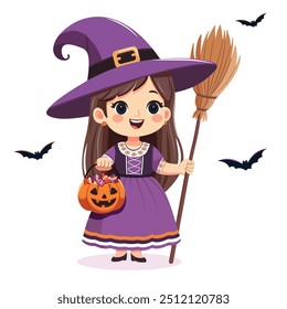 Cute girl in witch costume with broom and pumpkin basket with candies. Cartoon character for Happy Halloween on white background. Vector Illustration in flat cartoon style