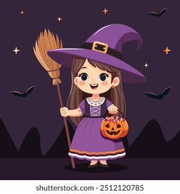 Cute girl in witch costume with broom and pumpkin basket with candies. Happy Halloween. Vector Illustration in flat cartoon style