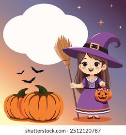 Cute girl in witch costume with broom and pumpkin basket with candies. Template for Happy Halloween. Vector Illustration in flat cartoon style