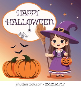 Cute girl in witch costume with broom and pumpkin basket with candies. Happy Halloween greeting card . Vector Illustration in flat cartoon style