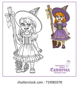 Cute girl in witch costume color and outlined for coloring page