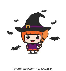Cute Girl in witch costume., fairy tale cartoon concept.