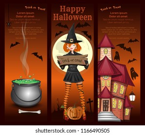 Cute girl in a witch costume, full moon, magic cauldron, bats and haunted house. Halloween design. Trick or treat. Vertical banners set. Vector illustration