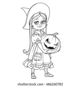 Cute girl in witch costume holding a large pumpkin carved with a grin outlined coloring page